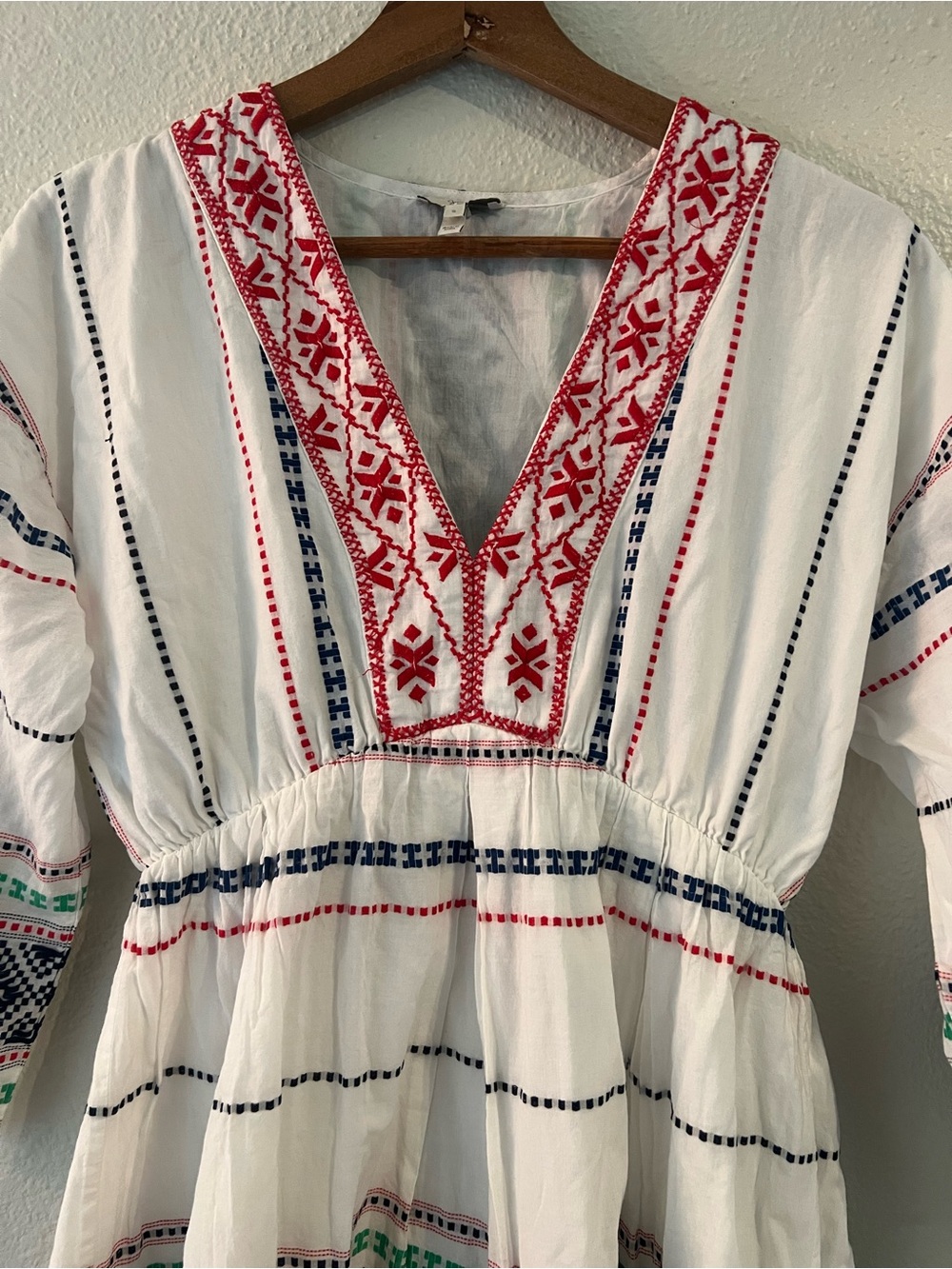 Joie White Embroidered V-Neck Mini Dress with Red, Navy & Green Accents - Picture 2 of 11